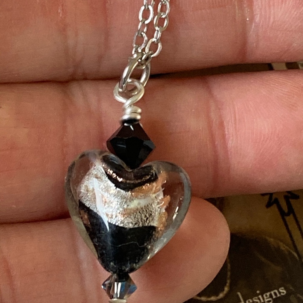 Tiny Lampwork Glass Heart Black & Silver Pendant Silver Metal Chain Swar…